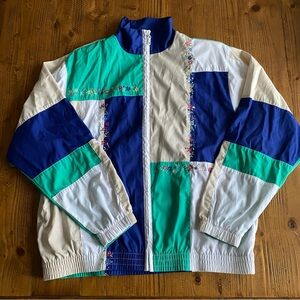 Vintage Tracksuit Patchwork Jacket with Embroidered Flowers